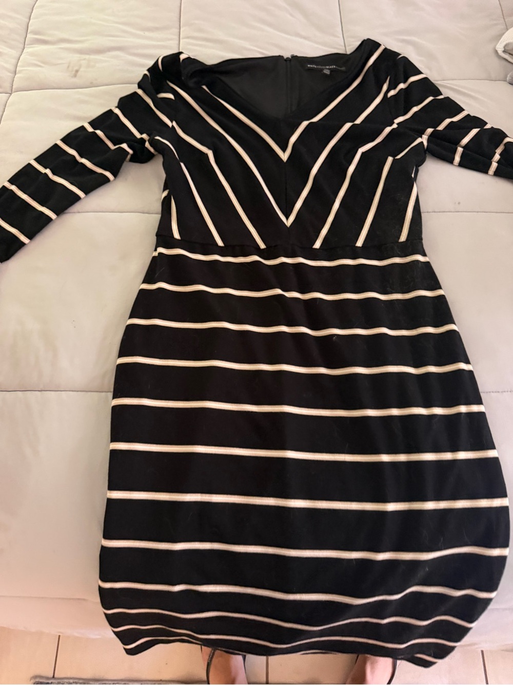 White House Black Market Black and Cream Striped V-Neck Long Sleeve Dress